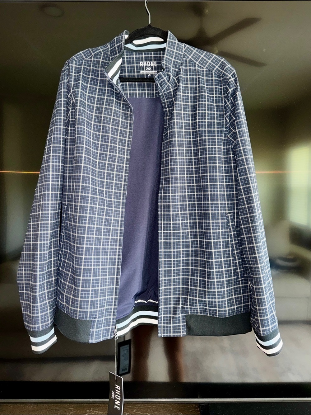 RHONE Navy Plaid Bomber Jacket with Stripe Trim